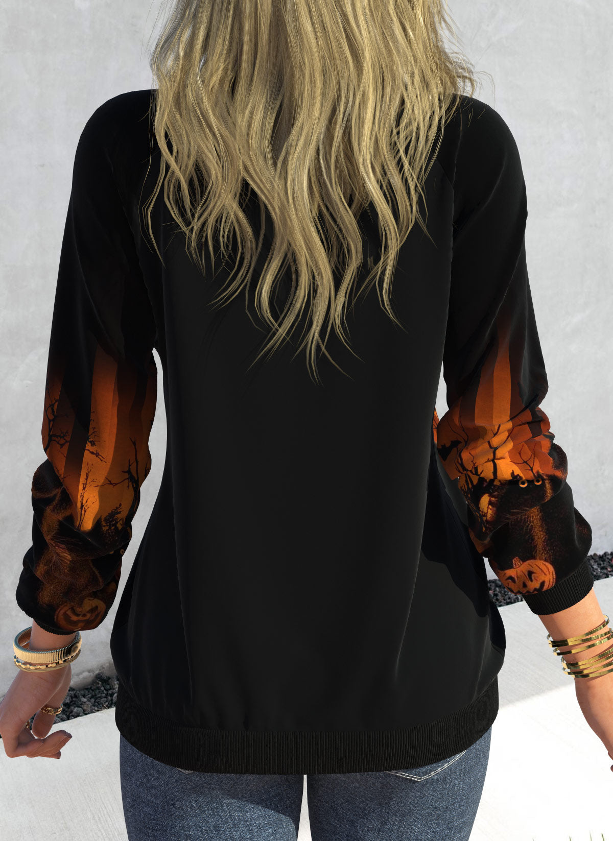 Black Patchwork Halloween Print Long Sleeve V Neck Sweatshirt