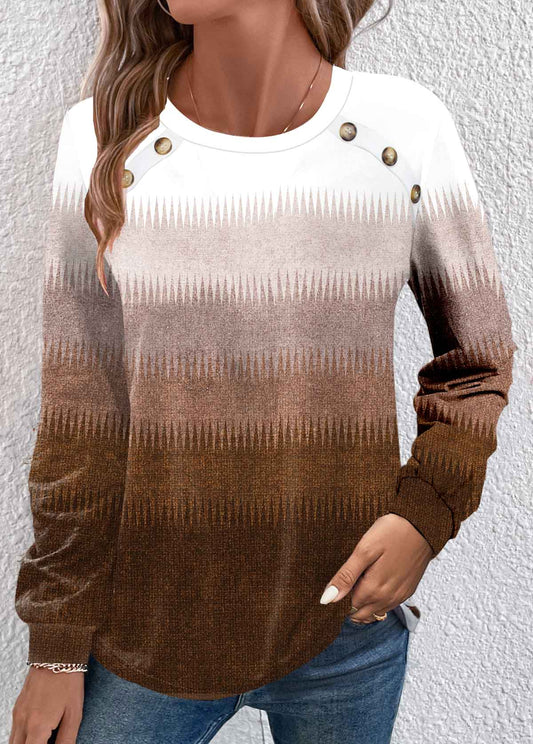 Dark Camel Button Ombre Long Sleeve T Shirt