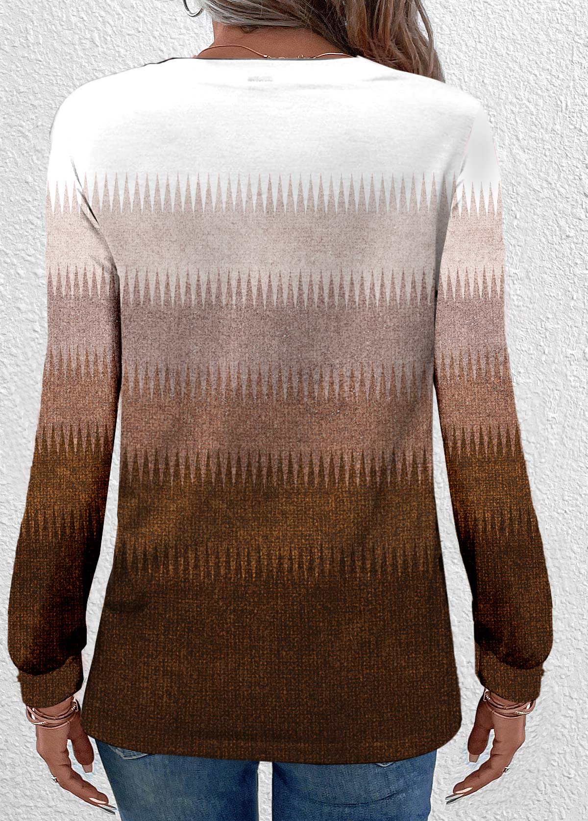 Dark Camel Button Ombre Long Sleeve T Shirt