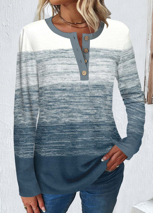 Dusty Blue Button Long Sleeve Round Neck T Shirt