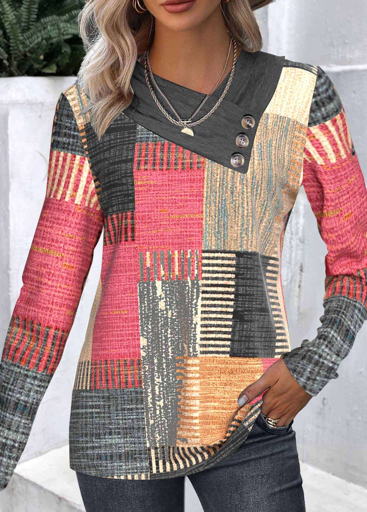 Multi Color Button Plaid Long Sleeve Asymmetrical Neck Sweatshirt