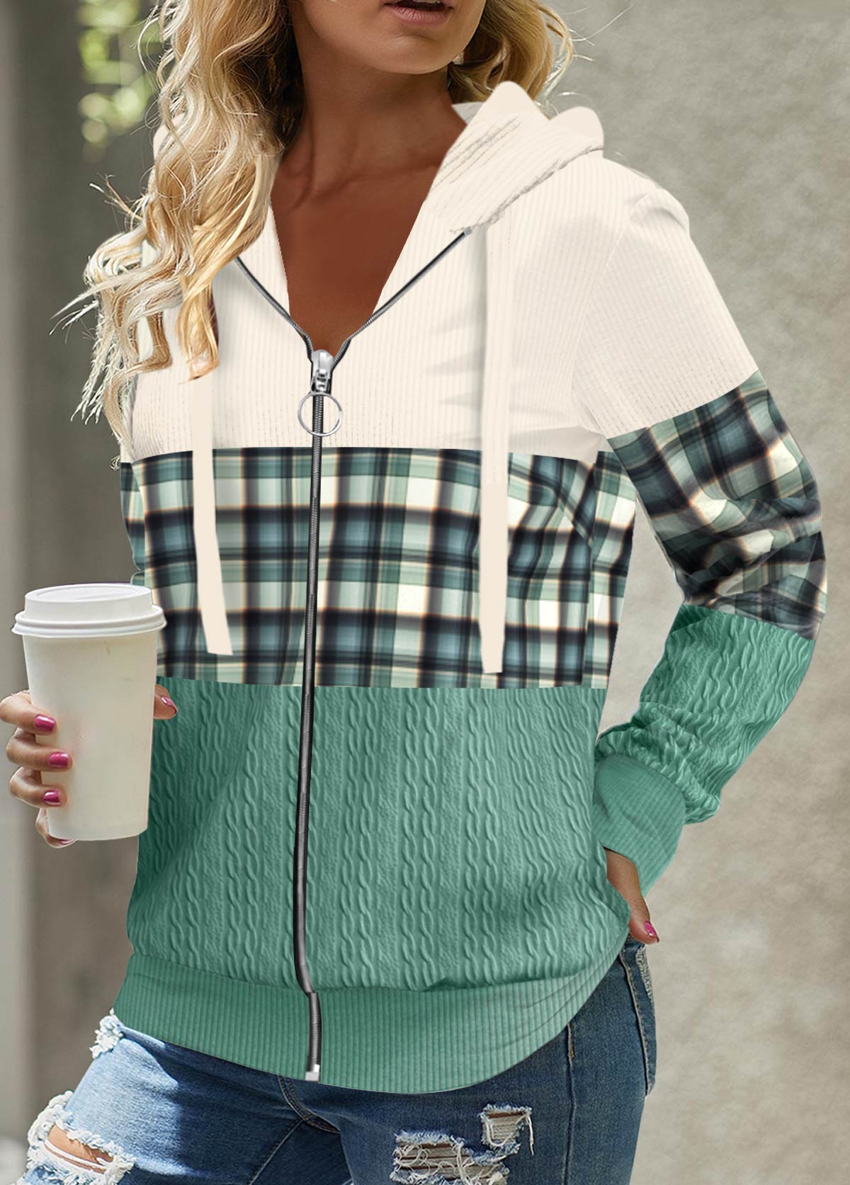 Green Patchwork Plaid Long Sleeve Hoodie