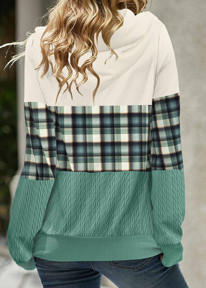 Green Patchwork Plaid Long Sleeve Hoodie
