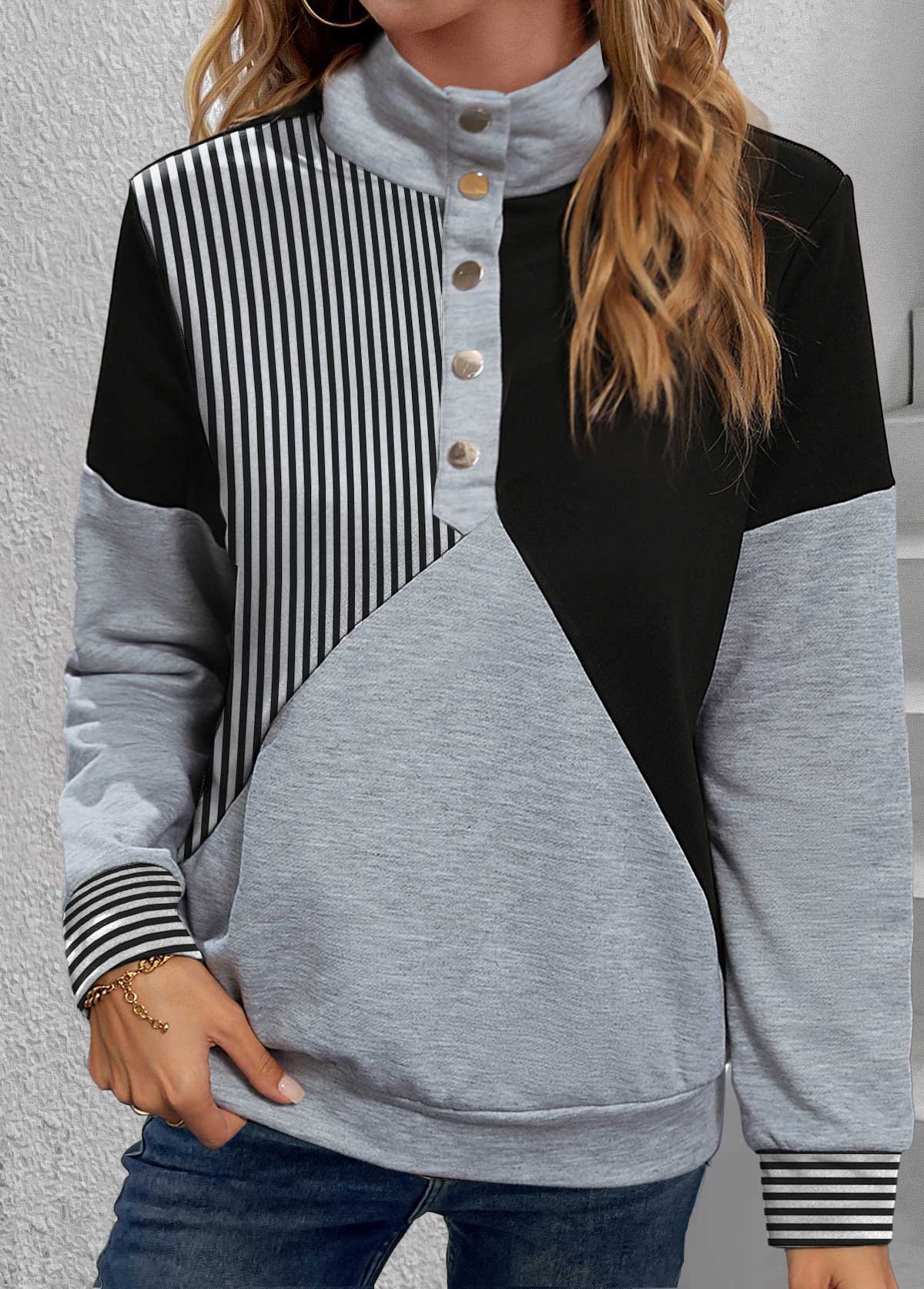 Black Snap Button Striped Long Sleeve Turtleneck Sweatshirt