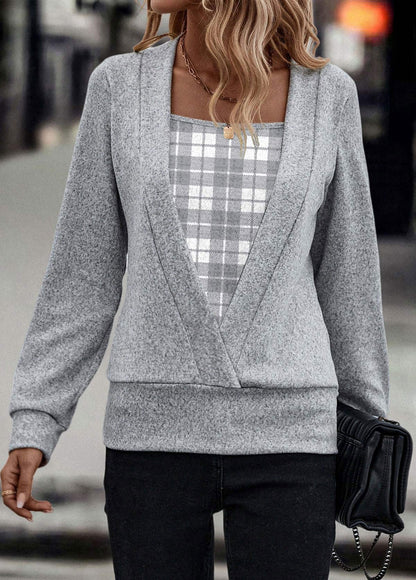 Light Grey Marl Fake 2in1 Plaid Long Sleeve Sweatshirt