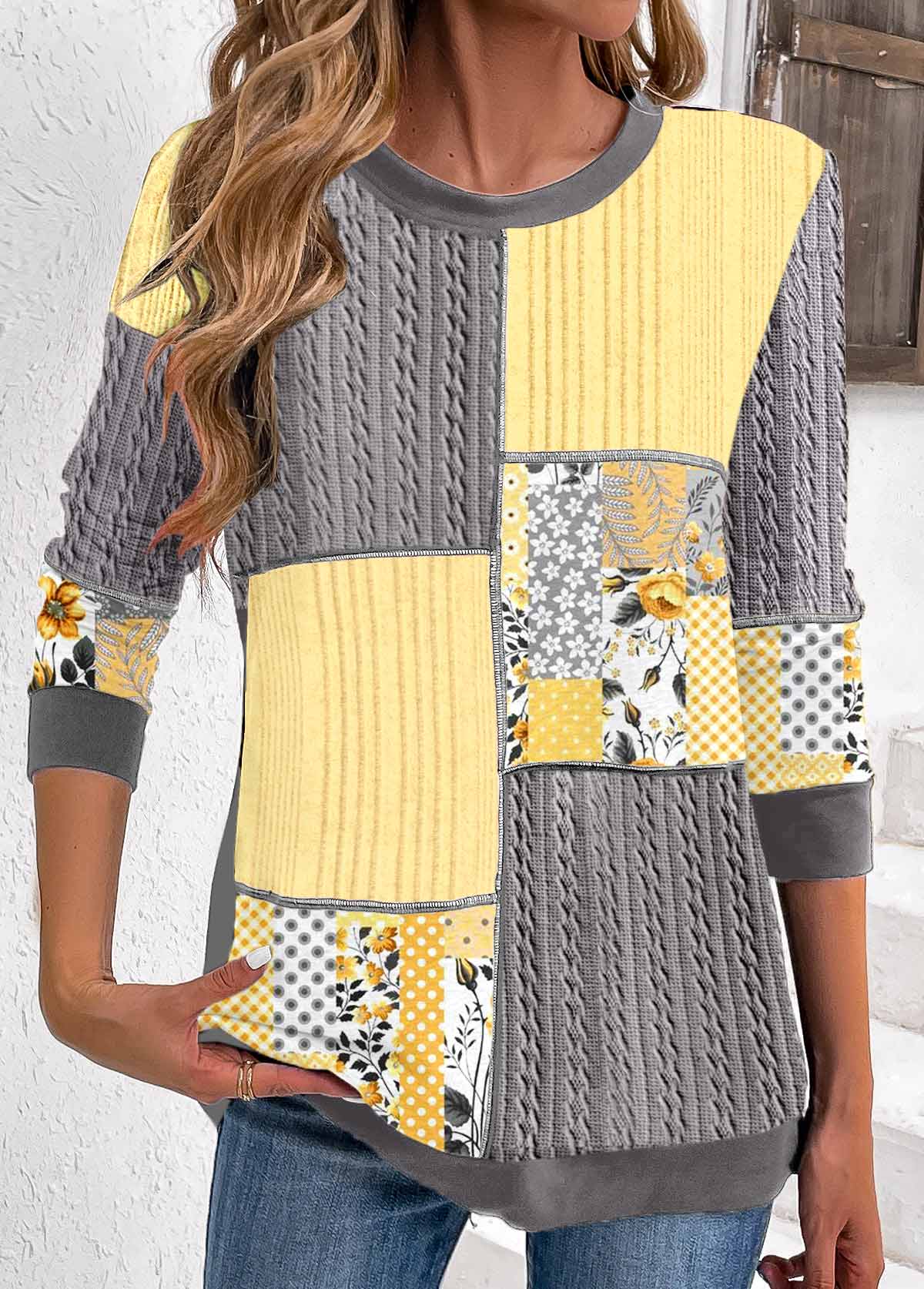 Grey Patchwork Geometric Print Long Sleeve Round Neck Sweatshirt