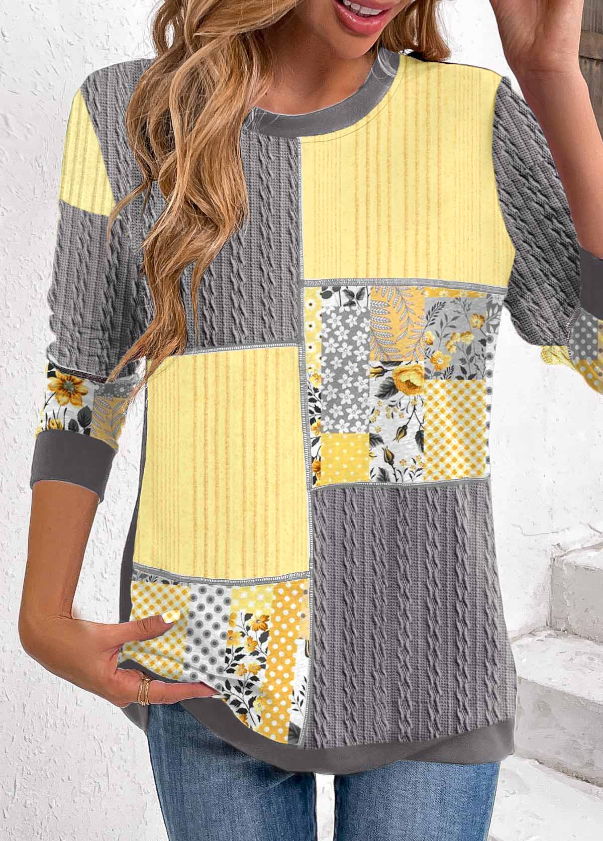Grey Patchwork Geometric Print Long Sleeve Round Neck Sweatshirt