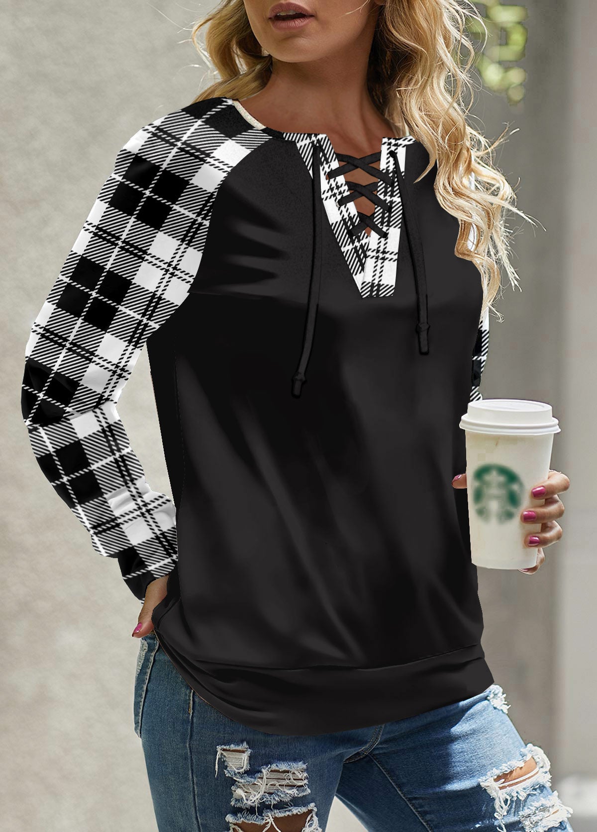 Black Lace Up Plaid Long Sleeve Round Neck Sweatshirt