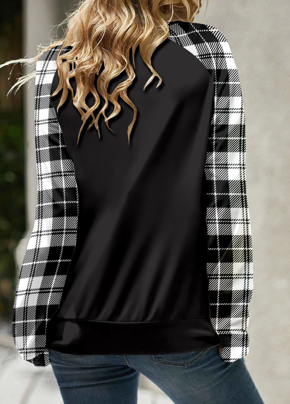 Black Lace Up Plaid Long Sleeve Round Neck Sweatshirt