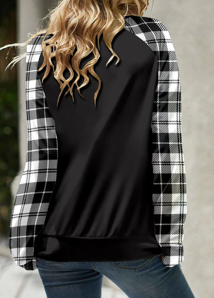 Black Lace Up Plaid Long Sleeve Round Neck Sweatshirt