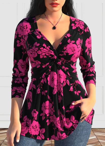 Hot Pink Twist Floral Print Long Sleeve T Shirt