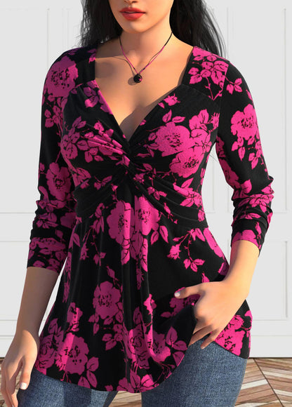 Hot Pink Twist Floral Print Long Sleeve T Shirt