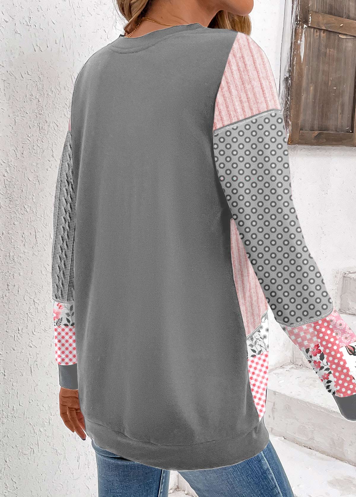 Light Pink Patchwork Geometric Print Long Sleeve Sweatshirt
