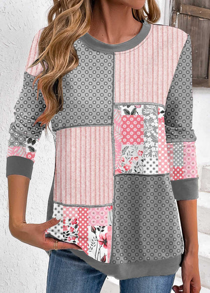 Light Pink Patchwork Geometric Print Long Sleeve Sweatshirt