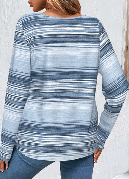 Blue Button Striped Long Sleeve Round Neck T Shirt