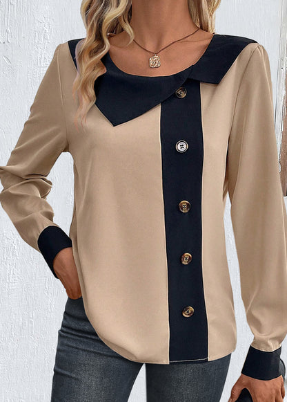 Light Camel Patchwork Long Sleeve Asymmetrical Neck Blouse