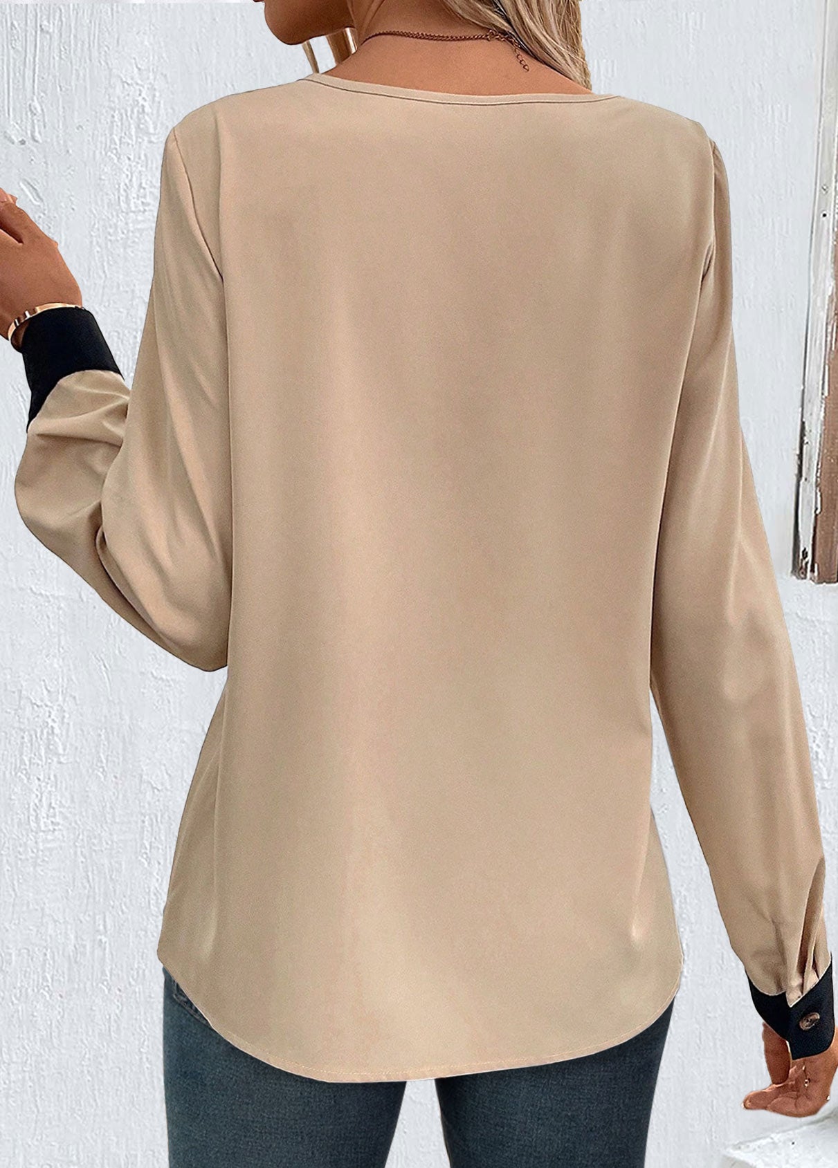 Light Camel Patchwork Long Sleeve Asymmetrical Neck Blouse