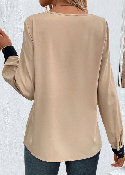 Light Camel Patchwork Long Sleeve Asymmetrical Neck Blouse