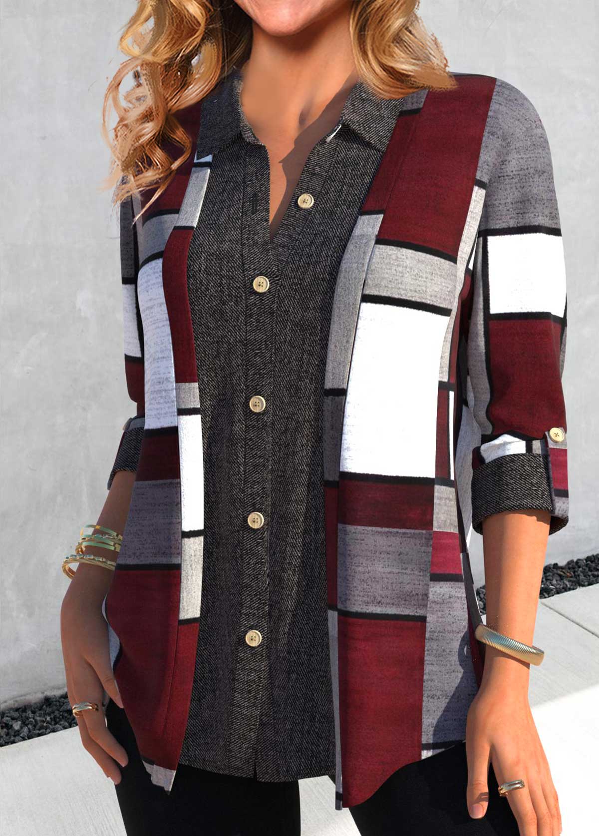 Dark Grey Button Geometric Print Shirt Collar Blouse
