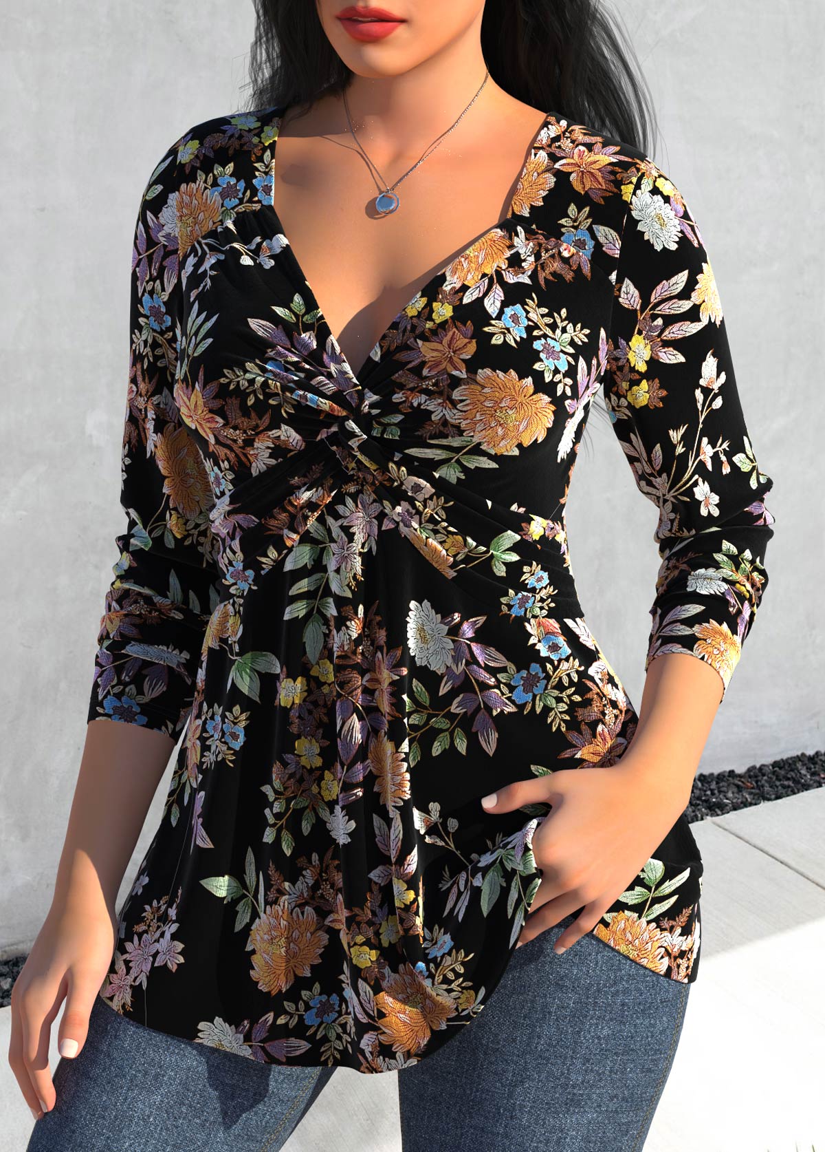Black Velvet Floral Print Long Sleeve T Shirt