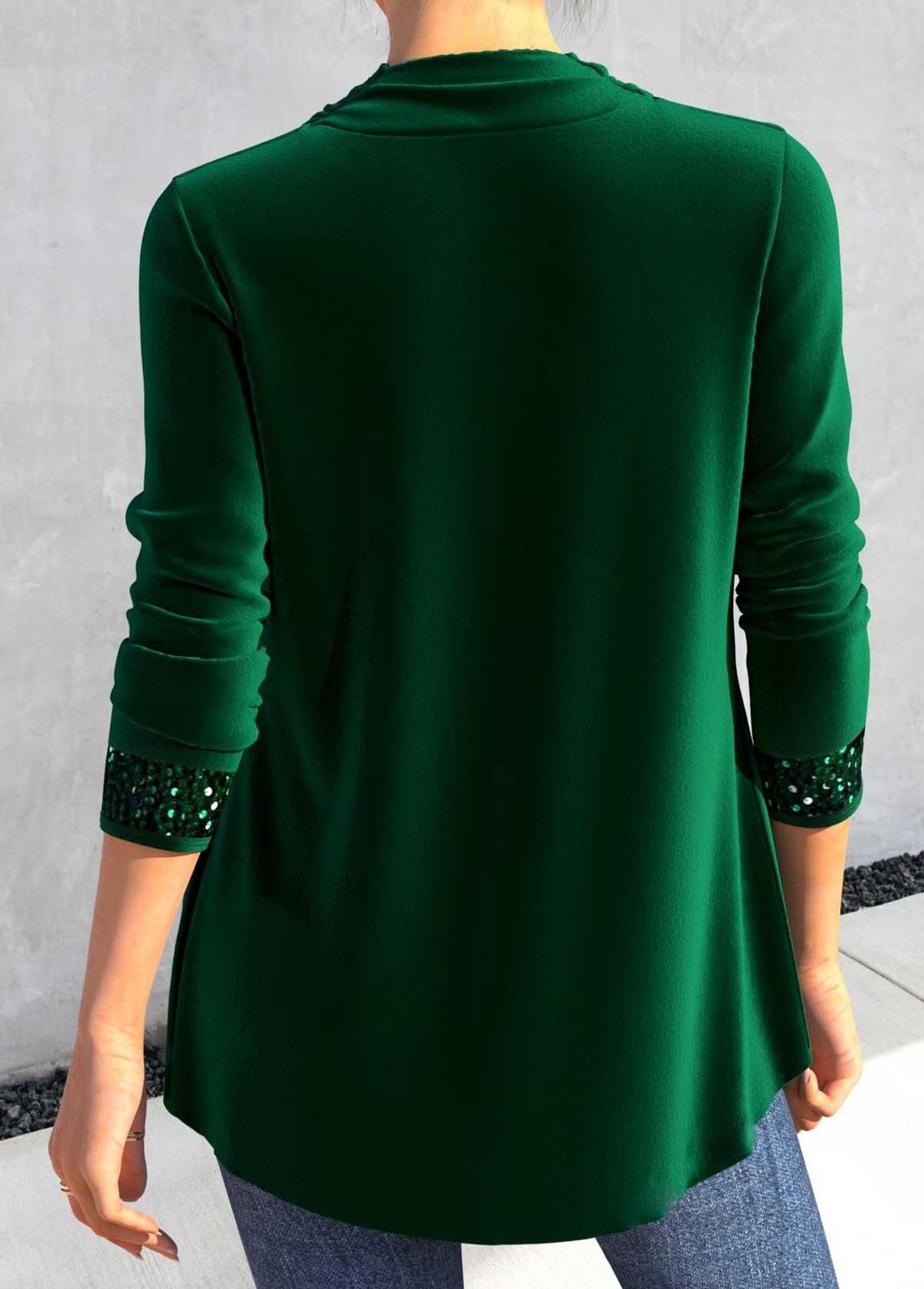 Blackish Green Sequin Long Sleeve Cowl Neck T Shirt