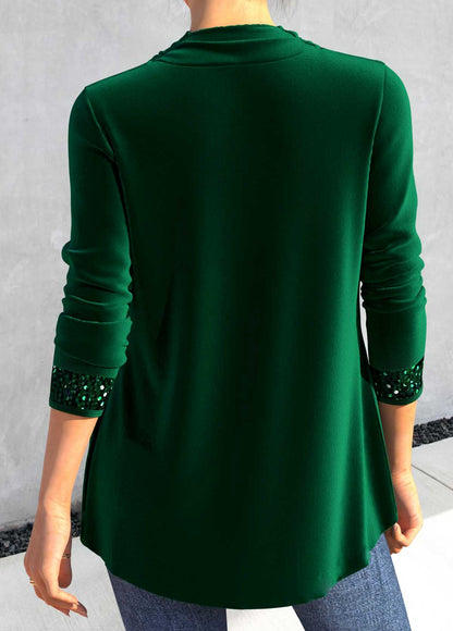 Blackish Green Sequin Long Sleeve Cowl Neck T Shirt