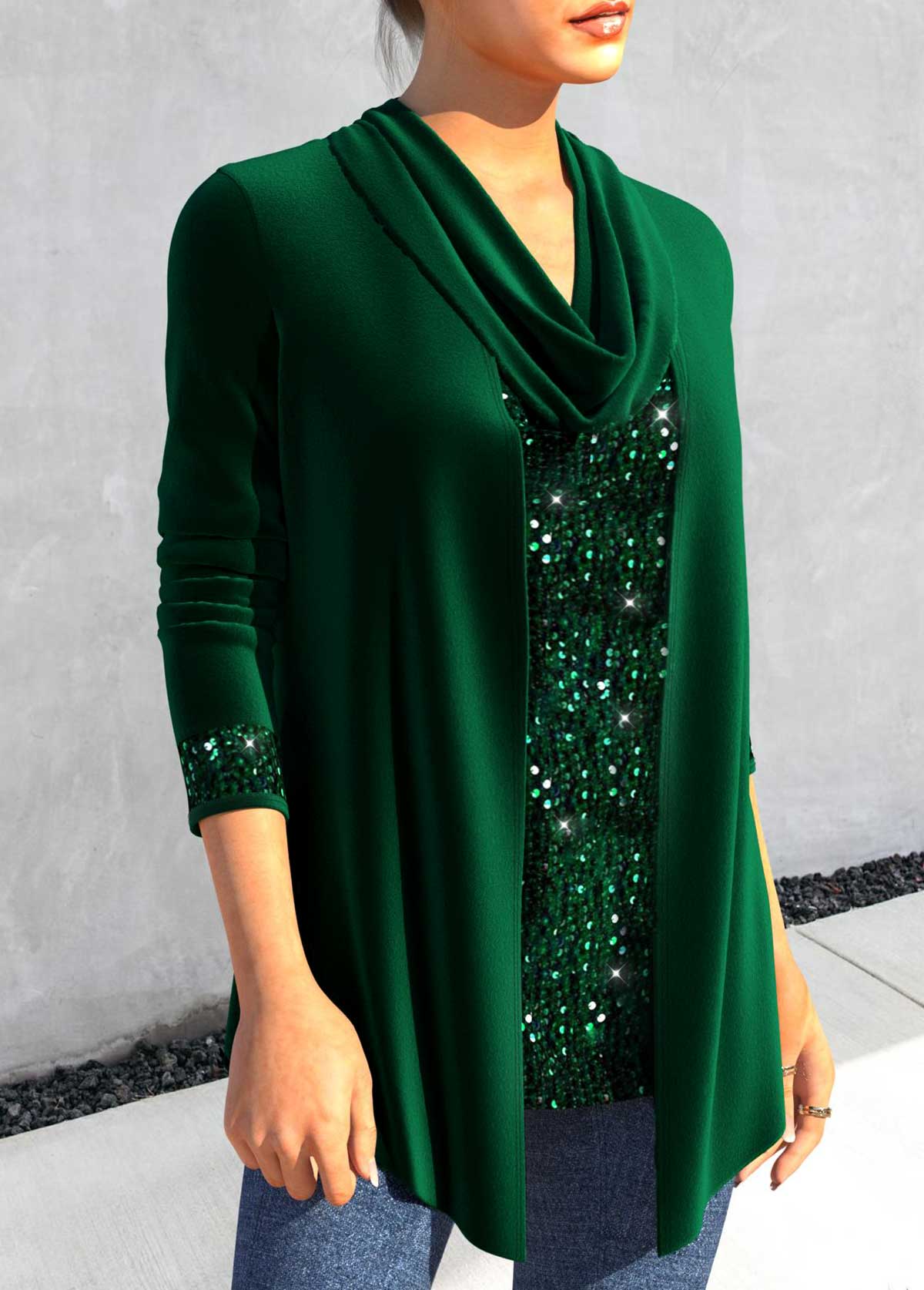 Blackish Green Sequin Long Sleeve Cowl Neck T Shirt