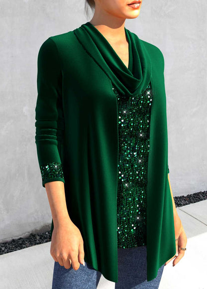Blackish Green Sequin Long Sleeve Cowl Neck T Shirt
