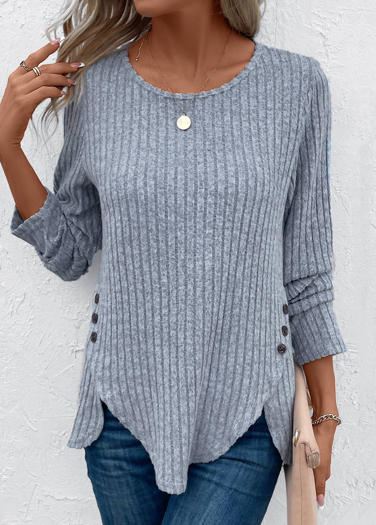 Dusty Blue Split Long Sleeve Round Neck T Shirt