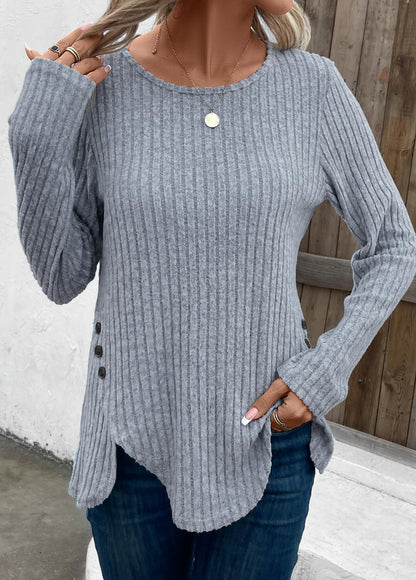 Dusty Blue Split Long Sleeve Round Neck T Shirt