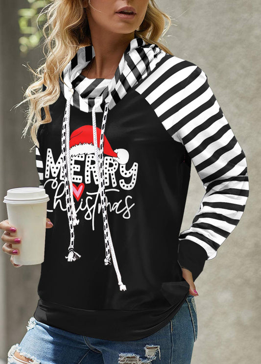 Black Patchwork Striped Long Sleeve Cowl Neck Sweatshirt