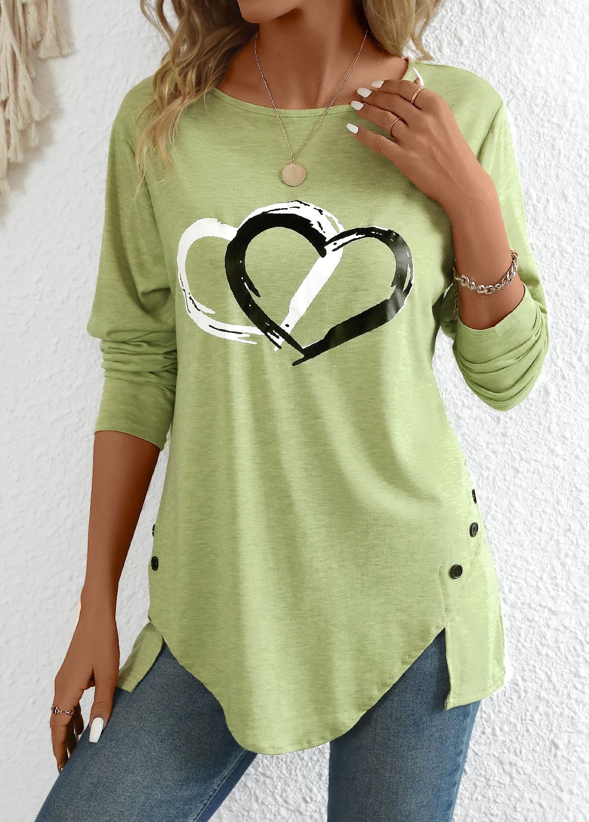 Avocado Green Split Heart Print Long Sleeve T Shirt