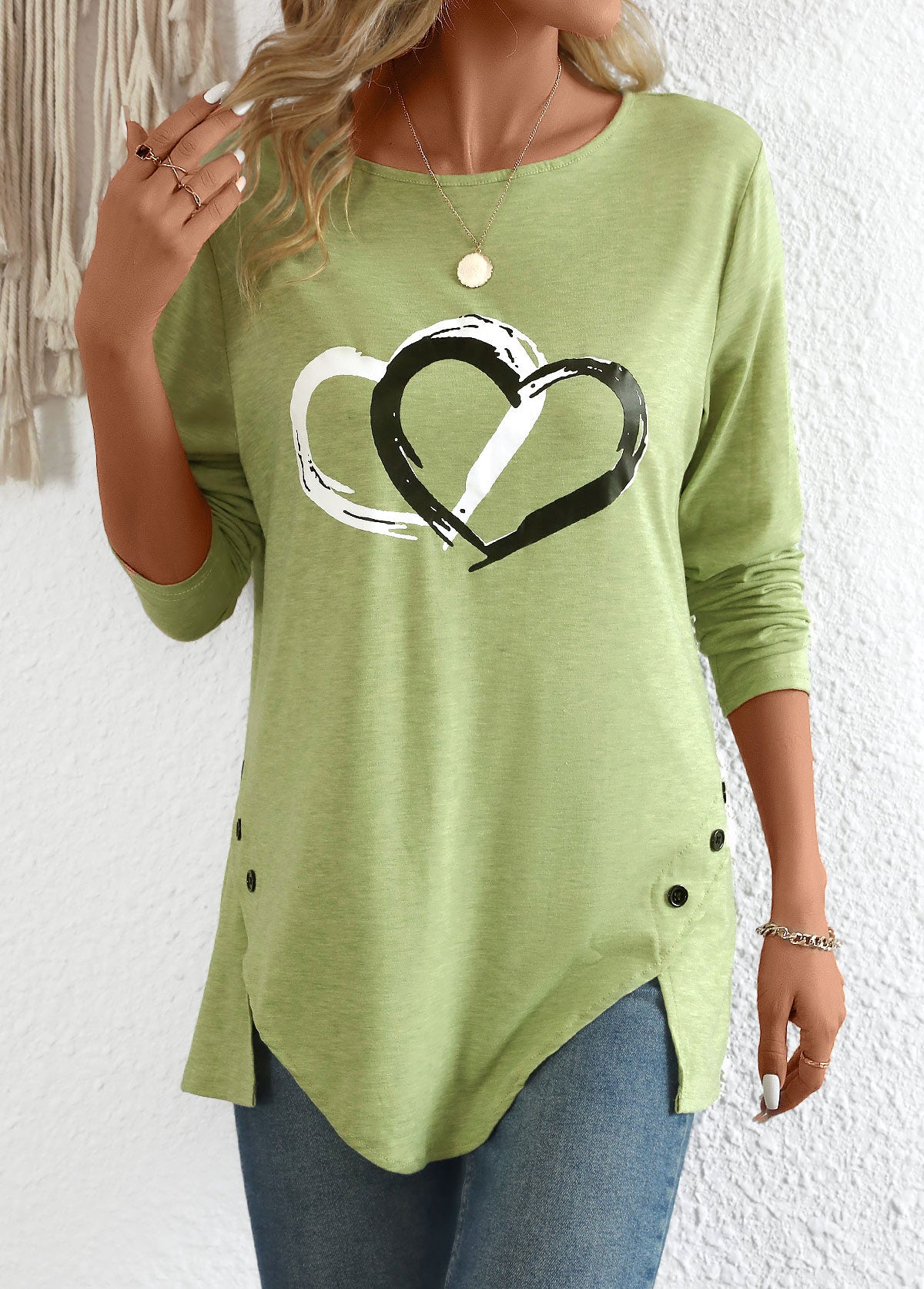 Avocado Green Split Heart Print Long Sleeve T Shirt