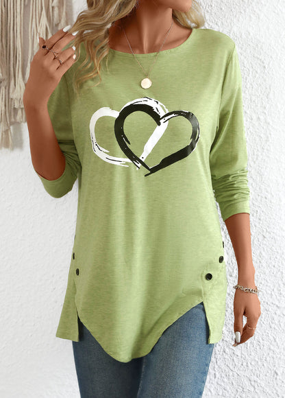 Avocado Green Split Heart Print Long Sleeve T Shirt