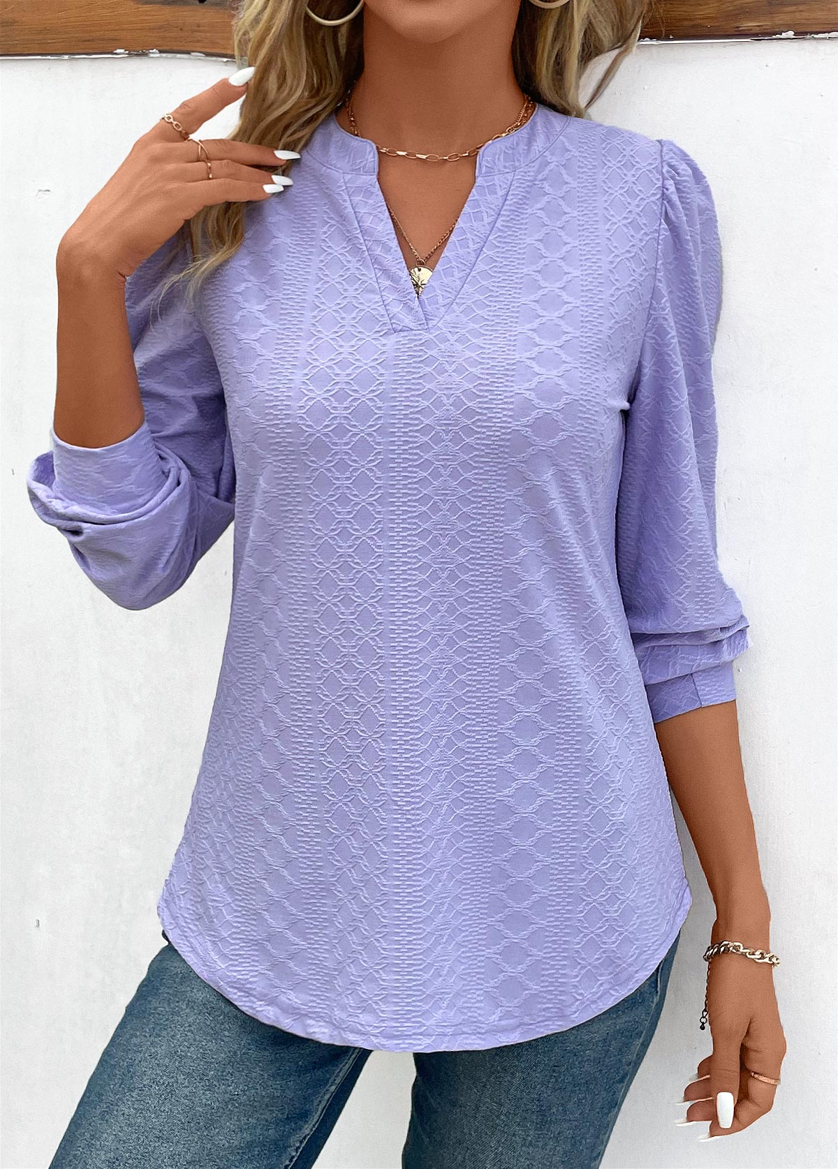 Light Purple Jacquard Long Sleeve V Neck Blouse