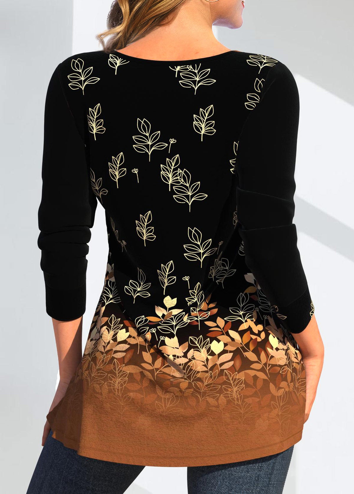 Dark Camel Button Random Floral Print T Shirt