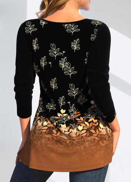 Dark Camel Button Random Floral Print T Shirt