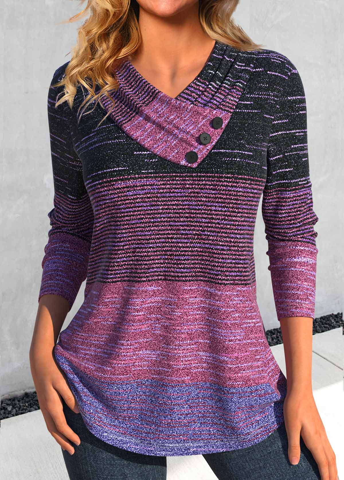 Dark Reddish Purple Button Striped Long Sleeve T Shirt