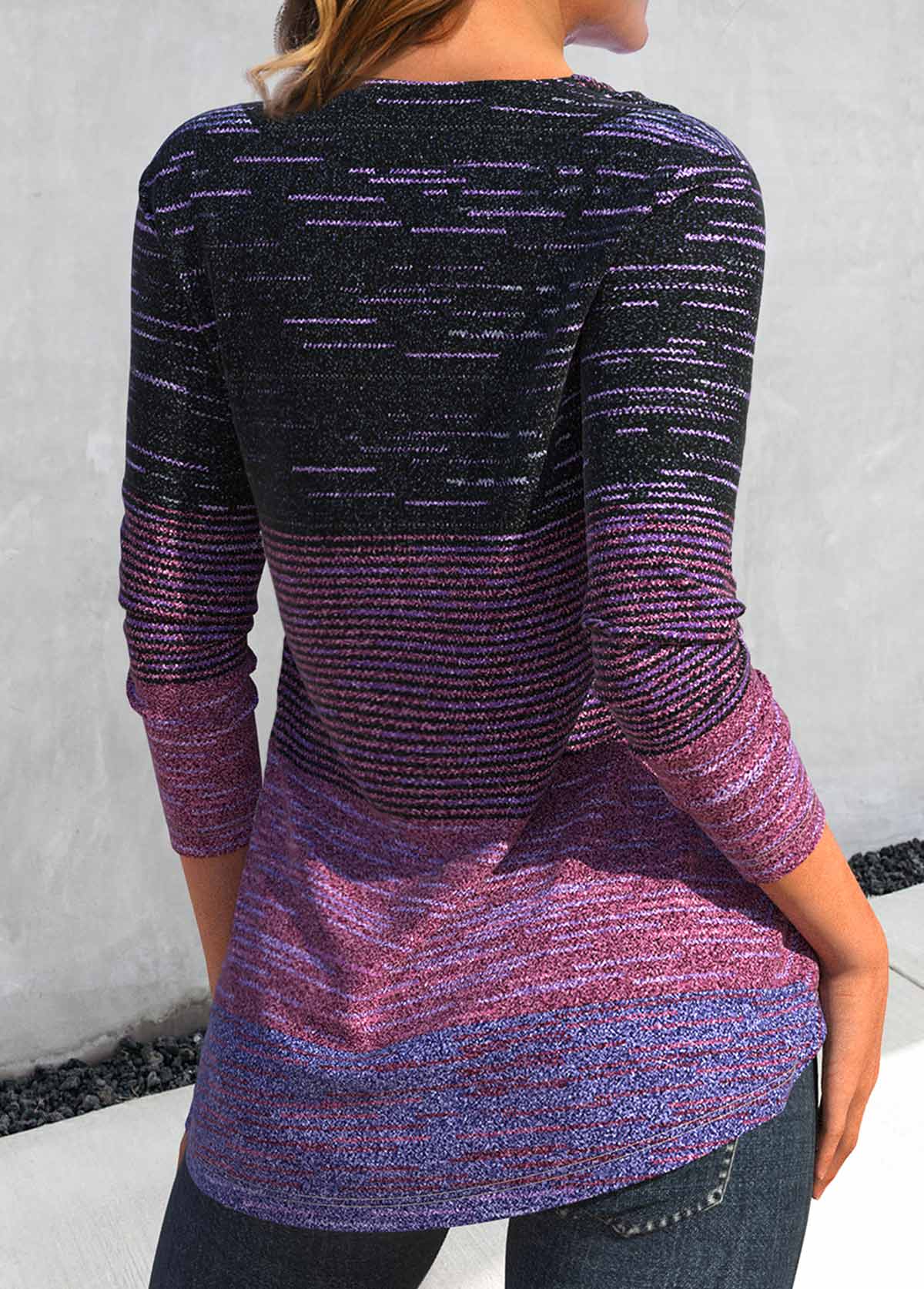 Dark Reddish Purple Button Striped Long Sleeve T Shirt