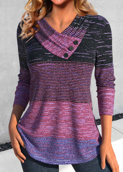 Dark Reddish Purple Button Striped Long Sleeve T Shirt