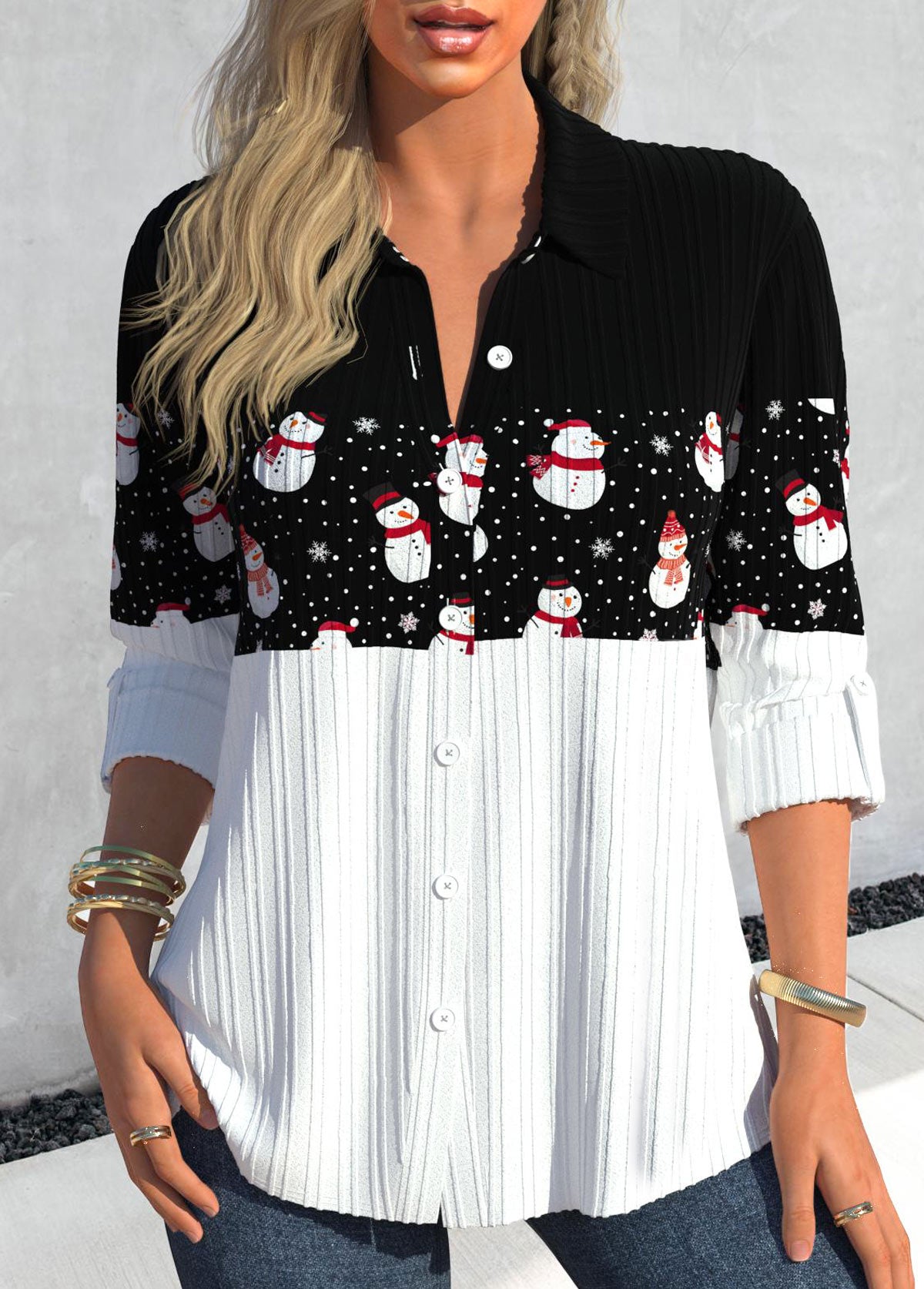 Black Button Snowman Print Long Sleeve Shirt Collar Blouse