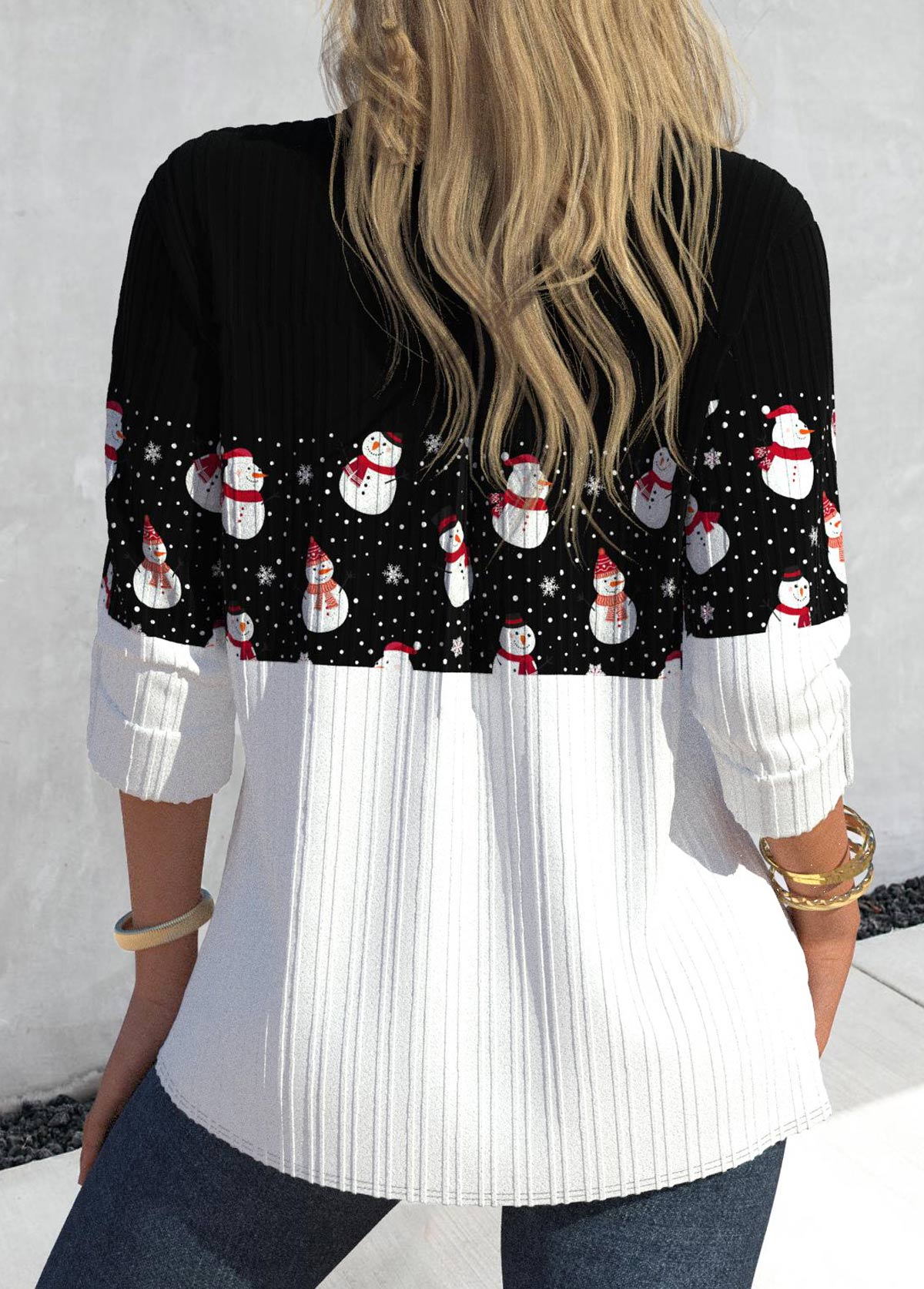 Black Button Snowman Print Long Sleeve Shirt Collar Blouse