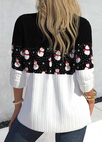 Black Button Snowman Print Long Sleeve Shirt Collar Blouse