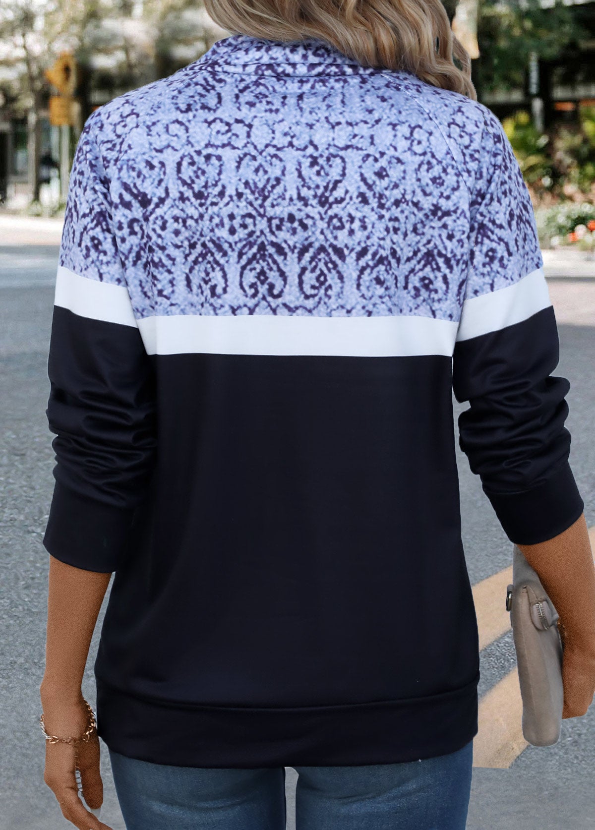 Black Patchwork Tribal Print Long Sleeve Stand Collar Sweatshirt
