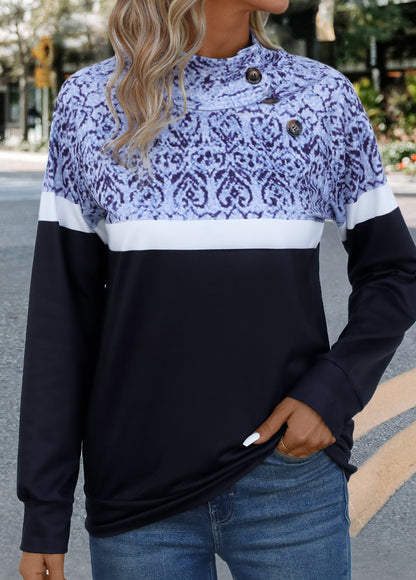 Black Patchwork Tribal Print Long Sleeve Stand Collar Sweatshirt