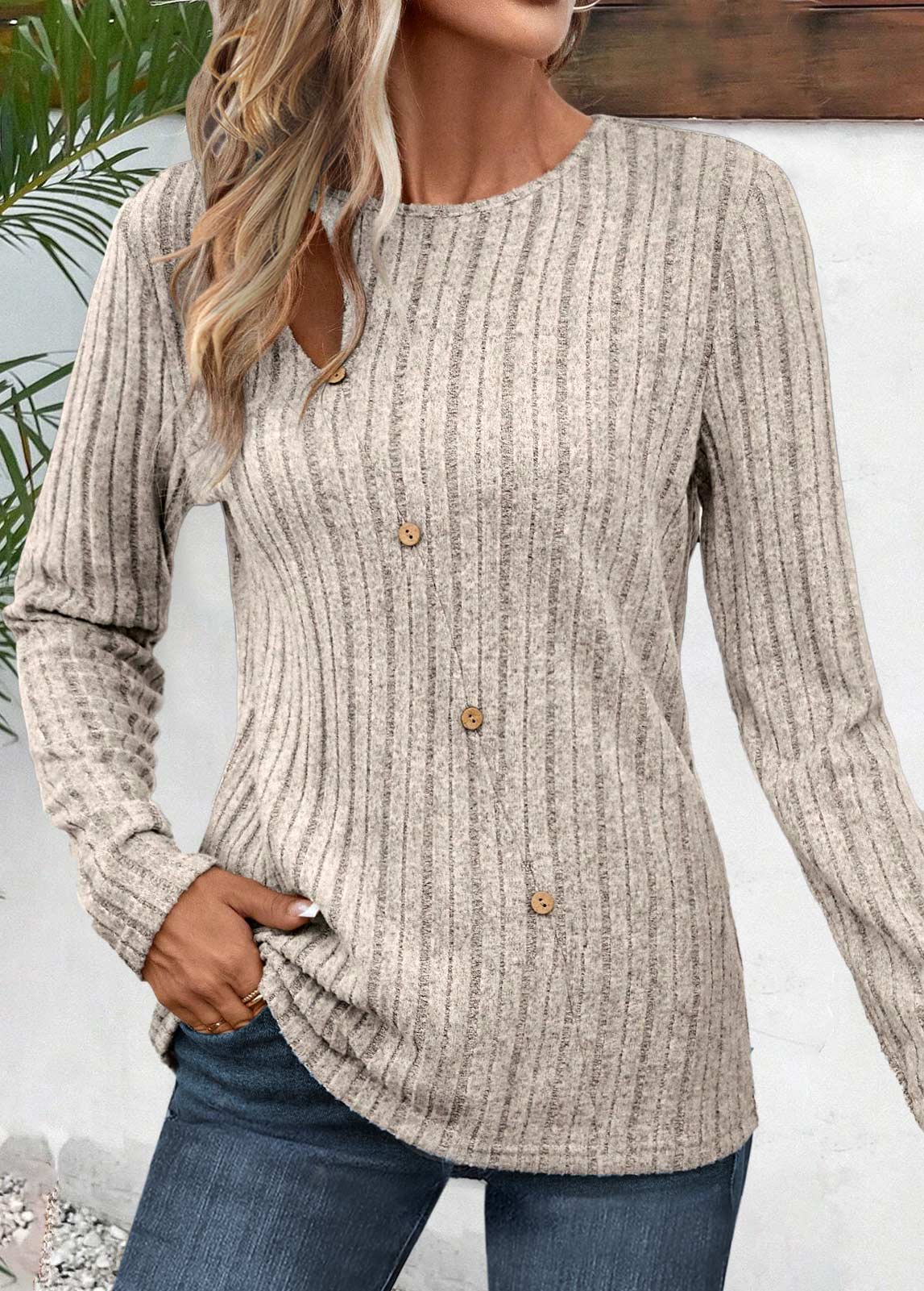 Light Camel Cut Out Long Sleeve T Shirt