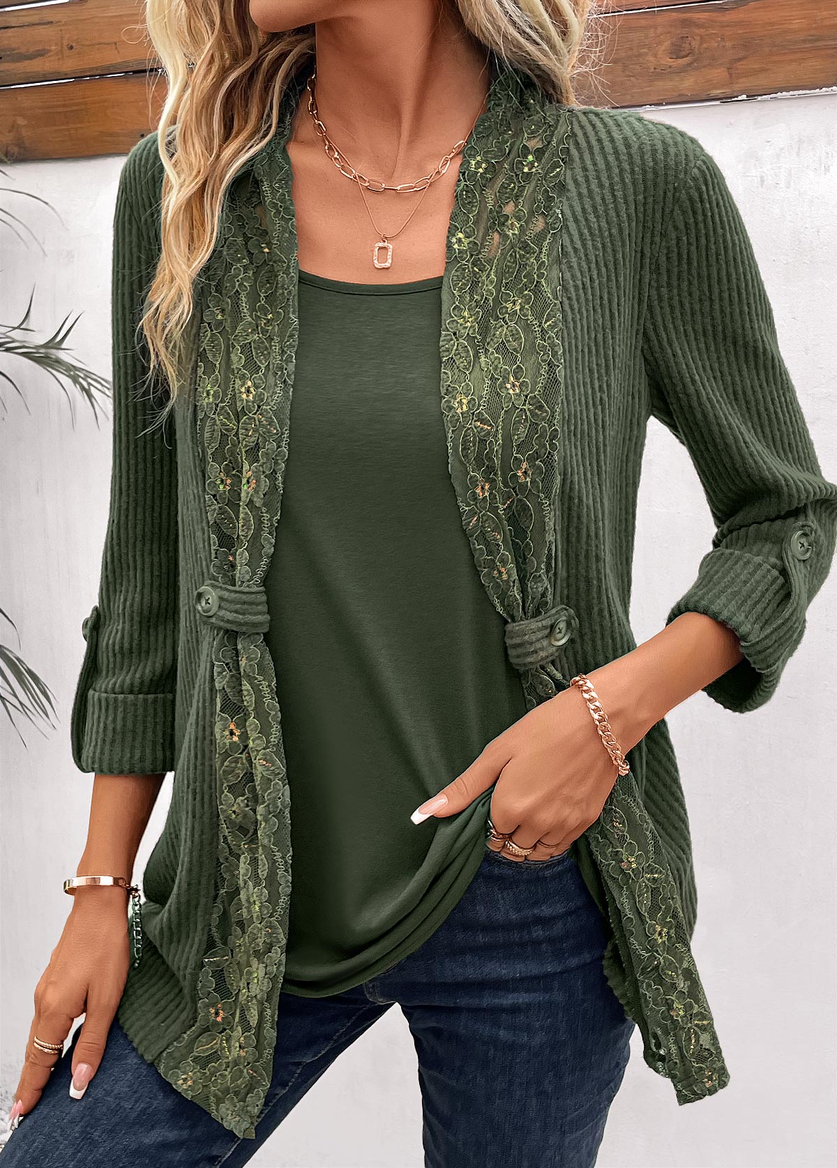 Olive Green Fake 2in1 Long Sleeve T Shirt