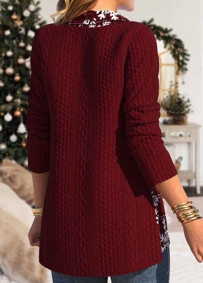 Deep Red Button Snowflake Print Long Sleeve Sweatshirt