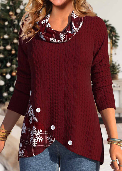 Deep Red Button Snowflake Print Long Sleeve Sweatshirt