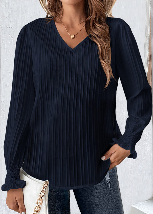 Navy Smocked Long Sleeve V Neck Blouse